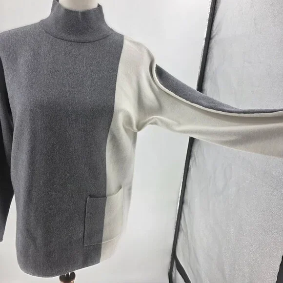 Alison Sheri Womens Colorblock Turtleneck Sweater S Gray & White Viscose Blend - Picture 11 of 15